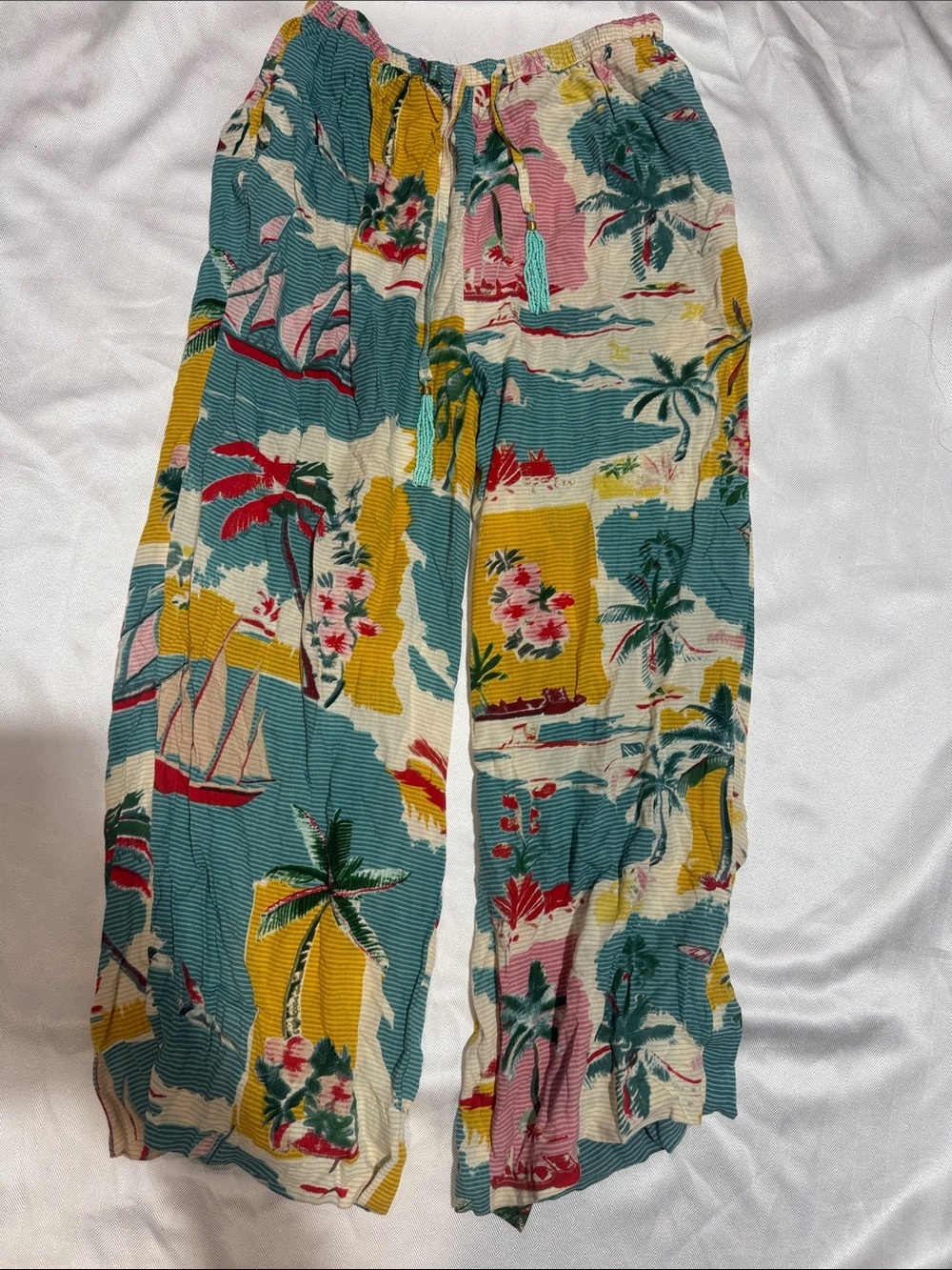 Tropical Print Elastic-Waist Casual Pants - Teal, Yellow & Pink